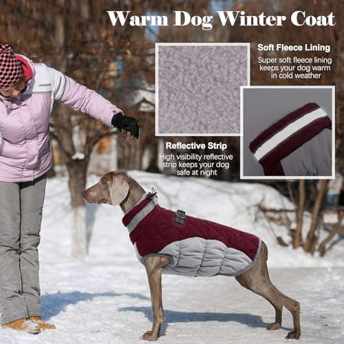 Image of Lelepet Dog Coat Warm Dog Winter Coat Waterproof Dogs Jacket with Harness | Reflective Pet Fleece Vest Zip-Up Cold Weather Coats for Large Dogs Turtleneck & Windproof Boston Terrier Wine Red L