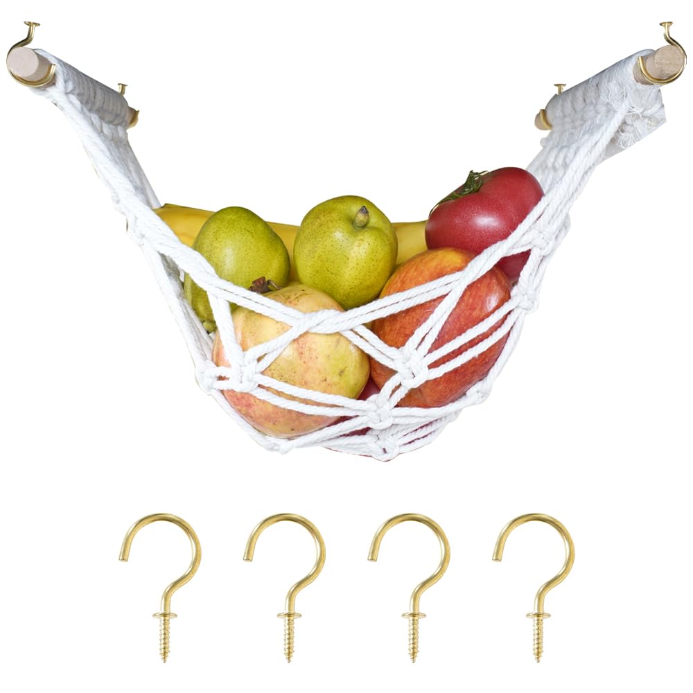 Fruit Hammock Hanging with Hooks Hanging Fruit Basket for Kitchen Under Cabinet Boat Rv Camper for Storing Fruits, Macrame Boho Macrame Fruit Basket