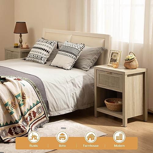 Sicotas Rattan Nightstands Set Of 2, Farmhouse Night Stands With Drawer Bedside Table - Boho End Table Side Table Accent Table For Bedroom Living Room, Light Oak Wood thumb #7