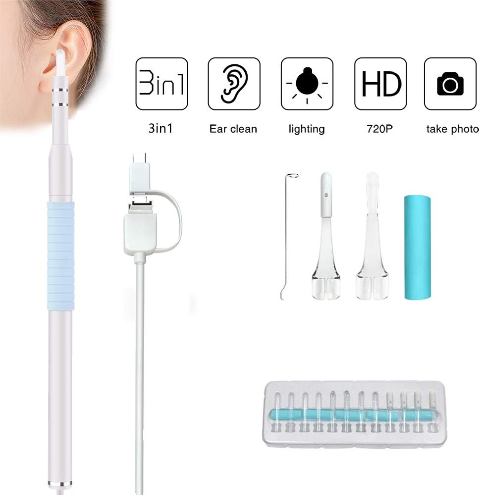 3 in 1 Ear Otoscope 720P Ear Scope Ear Wax Removal Tool Ear Inspection Camera Earwax Cleansing Tool Endoscope Ear Pick Spoon for OTG Android Micro USB PC-White