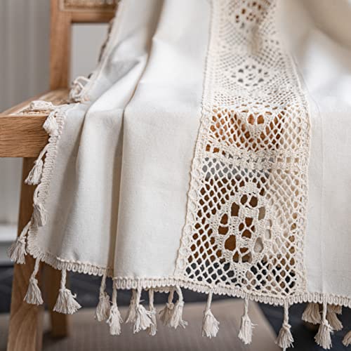 Setabeck Boho Curtain Patchwork Bohemian Hollow Knitted Cotton Linen, Rod Pocket Window Treatment Vintage Retro Farmhouse Tassels Drape For Bedroom Living Room, 1 Panel 59" W X 84" L, Beige #TOP4