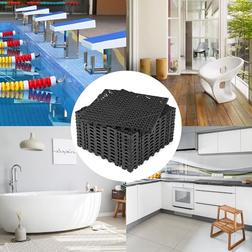 Image of ToLanbbt Modular Interlocking Cushion 24P 11.8 inch x 11.8 inch Interlocking Rubber Floor Drain Holes Non-Slip Splicing Drainage Mats for Deck, Shower, Kitchen, Drain Pool, Sauna Bath, Indoor Outdoor (Black)