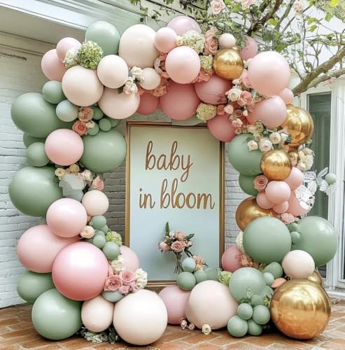 Image of Dusty Green Pink Balloon Arch Double Stuffed Pastel Baby Pink Light Green White Cream Balloon Metallic Gold Latex Balloons for Baby in Bloom Birthday Bridal Shower Wedding Summer Party Decorations