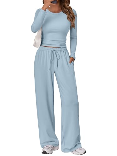 Trendy Queen Women's 2 Piece Matching Lounge Set Long Sleeve Slightly Crop Top Wide Leg Pants Casual Sweatsuit