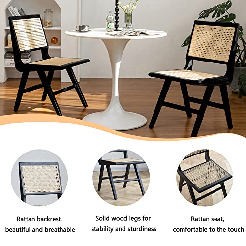 Way2Furn Rattan Chair Set Of 2, Cane Dining Chair With Cane Back & Wood Base, Mid Century Modern Chair For Living Room, Kitchen, Dining Room, Yard, Study Room, Teahouse, Hotel, B&B, Black #TOP3