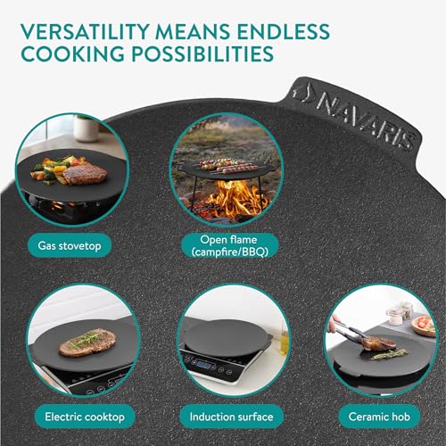 Navaris Cast Iron Griddle, 34cm 2-in-1 Pre-Seasoned Skillet Pan and BBQ Grill, Portable Campfire Grill, Fire Pit, with Removable Legs, Gas and Induction Ready, Outdoor Cooking - Image 6