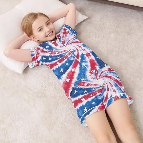Red Blue Star Tie Dye Summer Pajamas Set Soft Satin Pjs Sets 2 Piece Short Sleeve Sleepwear Casual Clothes 7