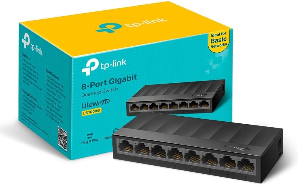 TP-Link LS1008G 8-Port Desktop/Wallmount Gigabit Ethernet Switch/Hub, Ethernet Splitter, Plug  Play, Desktop, Plastic Case