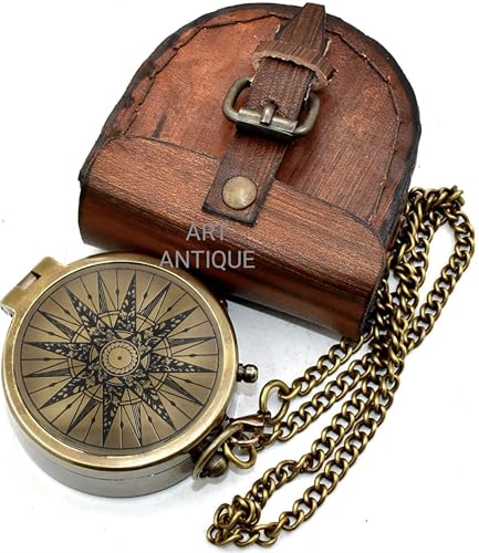 Brújula de Bolsillo Vintage de Latón con Estuche de Cuero, Brújula Náutica Antigua Grabada para Senderismo, Camping y Supervivencia, Brújula Marítima Coleccionable, Regalo Personalizado miniatura 4