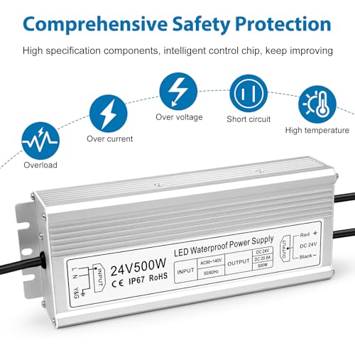 Image of 24V 500W LED Power Supply, IP67 Waterproof LED Driver, Low Voltage Transformer, AC 90-140V to DC 24V 20.8A Converter for Outdoor Landscape Lighting, LED Strip Lights, 3-Prong Plug with 3.3FT Cable