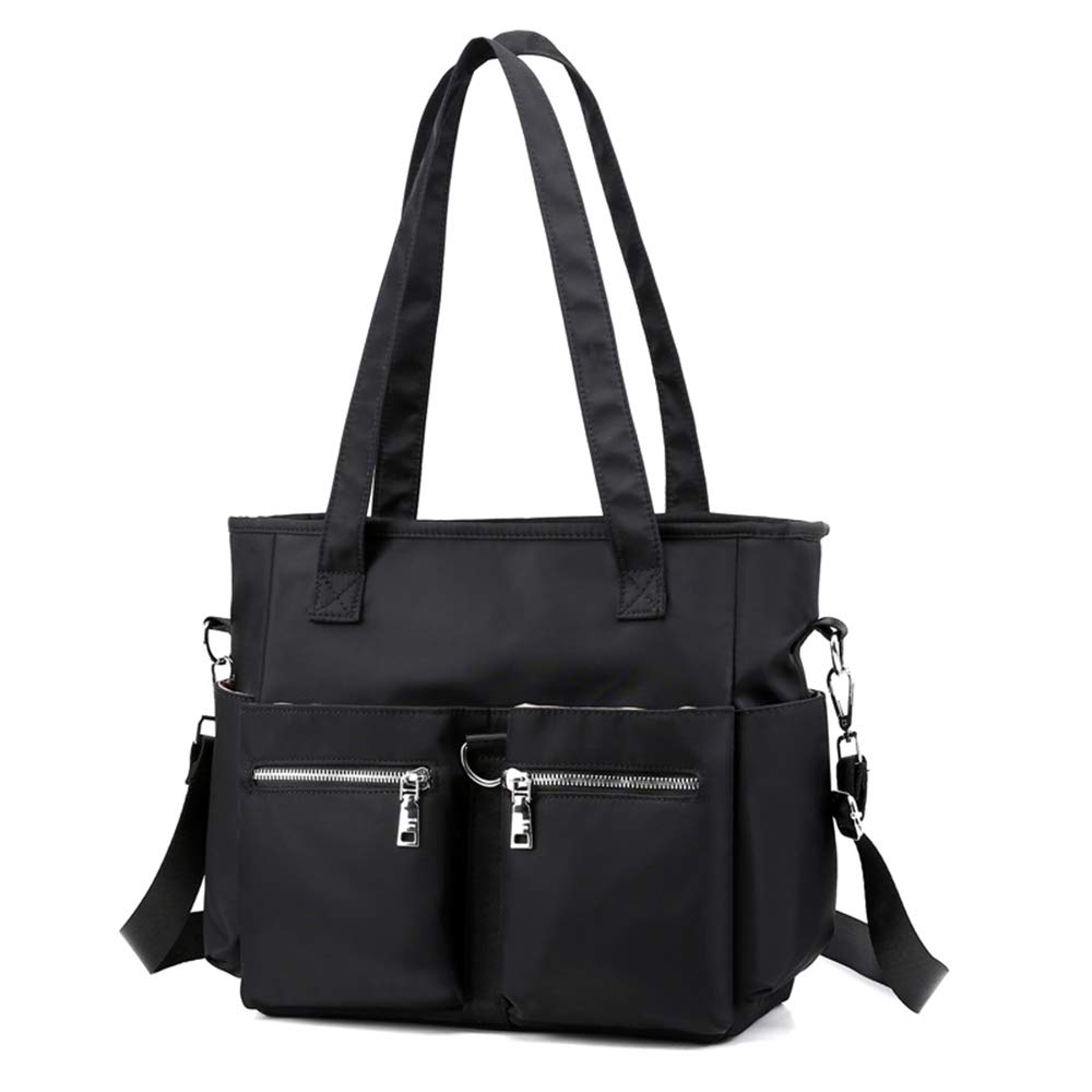 Womens Tote Bags Multi Pocket Soft Nylon Shoulder Bag Waterproof Travel Work Purse and Handbags (Black)
