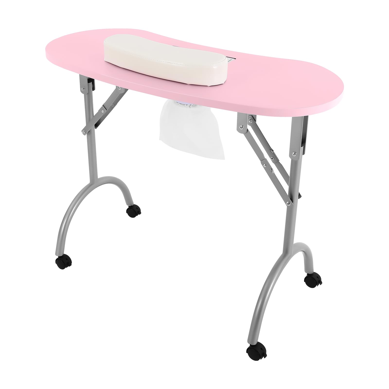 Tavolo per manicure con aspirazione, tavolo pieghevole per manicure portatile, per manicure e manicure, pieghevole, con sacchetto per la polvere e ruote, rosa