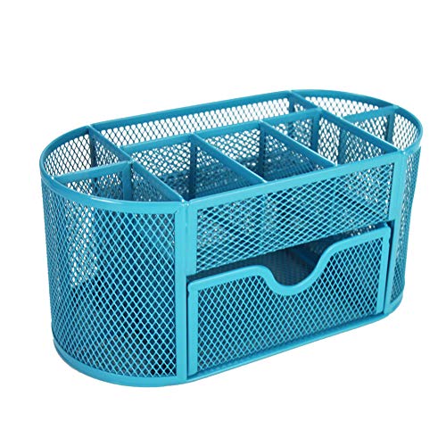Hennaja Mesh Desk Organizer,Multi-functional Office Supplies Caddy 9 Compartments with Desk Drawer for Office Desk Accessories(9-1-Blue)