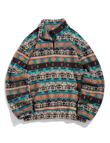 ZAFUL Mens Sweatshirt Vintage Quarter Zip Pullover with Pocket Fleece Unisex Western Aztec Faux Fur Sherpa Top Vintage Orange M