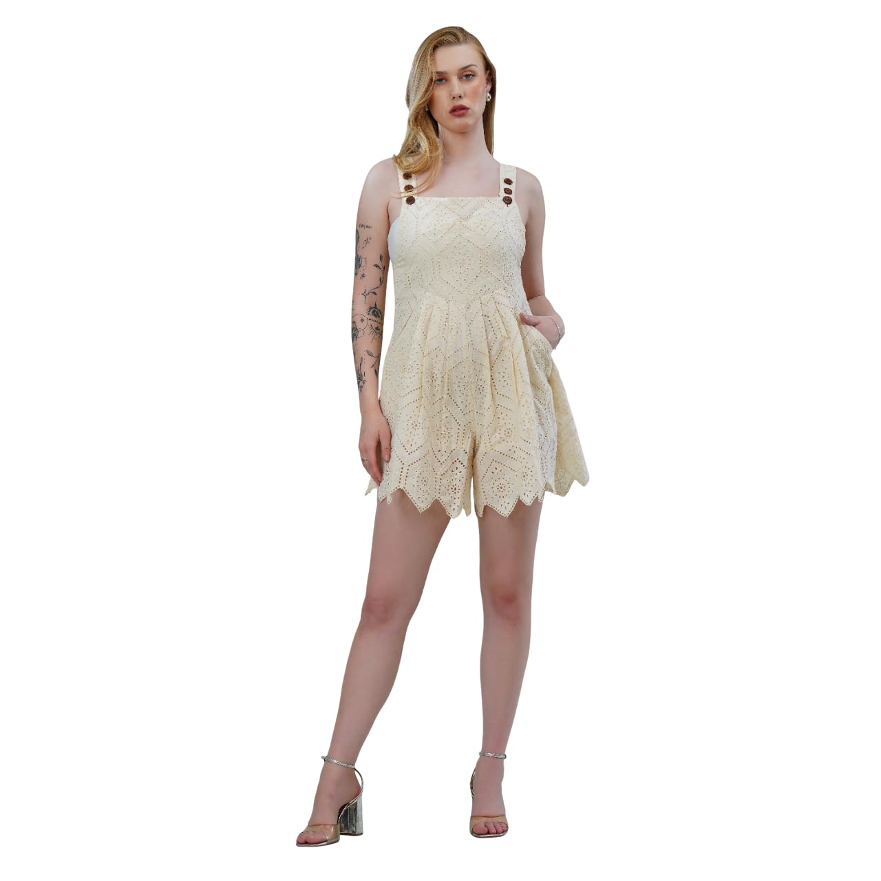 Relaxed Fit Vanilla Cotton Sleeveless Schiffli Jumpsuit with Scalloped Hem & Wooden Button Straps for Women | Super Soft Breathable | Stylish & Comfortable | Ideal for Gifts-image-15