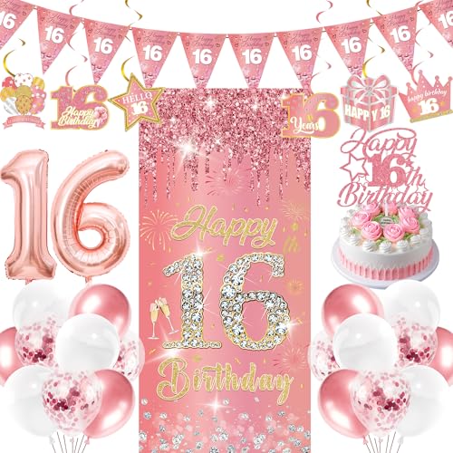 Deko 16 Geburtstag MäDchen Set - 29 Stück Rosegold Glitzer Happy Birthday Sweet 16 Geburtstagsdeko Girlande Wimpel Tortendeko HintergrüNde Luftballon Wirbel Für 16th Party Dekoration Geburtstagsfeier