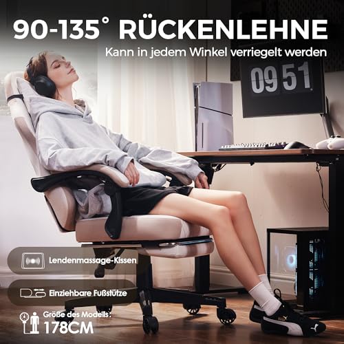 Dowinx Gamingstoel, stof met lentekussen, lendensteun, bureaustoel met voetensteun voor volwassenen, ergonomische gamingstoel, groot en hoog, voor kantoorgaming, 135 kg, beige - Afbeelding 6
