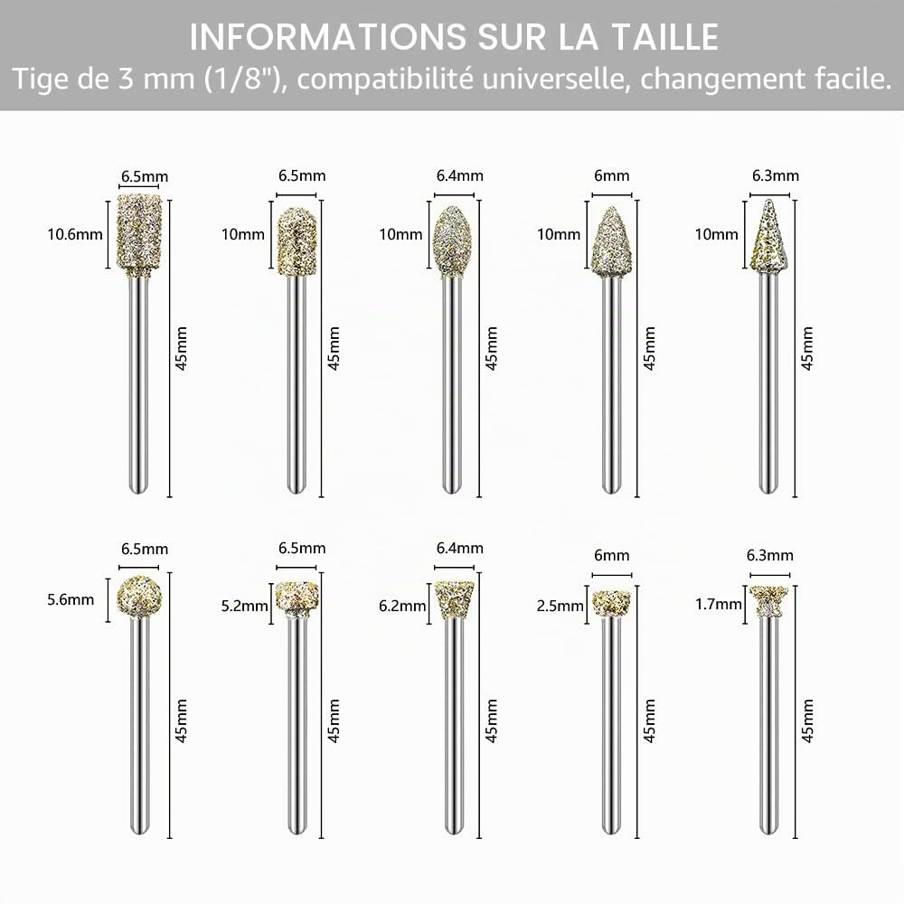 Ensemble de Fraise Diamantées, 20 PCS Mèche Meulage Diamant Tige 1/8", Kit de Dremel Fraises Rotatives pour Sculpture, Bricolage, Meulage, Polissage et Gravure