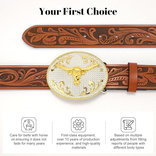 SANSTHS Cowboy Belts for Men Women, Western Leather Belt with Big Buckles Mexican Country Black Longhorn Bull Belt for Jeans3