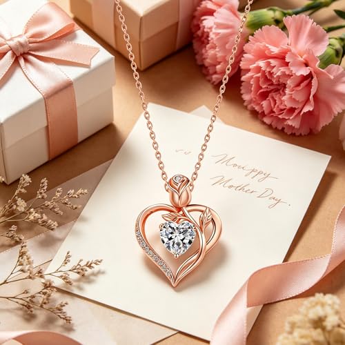 JACUPO Heart Birthstone Rose Gold Necklace for Women(Rose Gold-04-Moissanite) — view 6