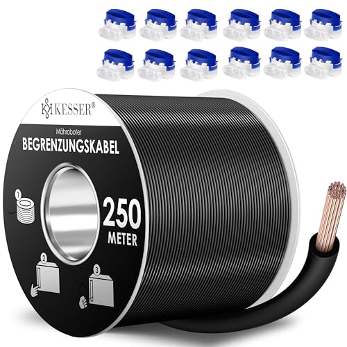 KESSER® Cable de limitación + estacas + Conector de Cable para Robot cortacésped cortacésped Robot cortacésped Accesorios Juego de Alambre de limitación, 250m, Negro, Set de 6