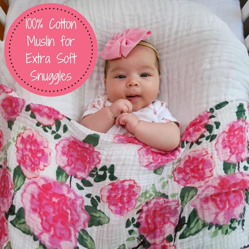 Image of LollyBanks Baby Swaddle Blanket, 100% Cotton Muslin Blankets for Girls, 47 x 47 Inches Soft and Breathable Swaddles for Newborns, Gentle Baby Wrap Swaddle, Baby Essentials, Registry (Peony Print)