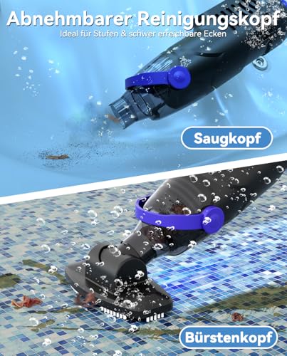 Kabelloser Poolsauger für Whirlpools & Aufstellpools | 60W Pool Bodensauger mit 5000mAh Akku, 68L/min Saugkraft | Leichter Poolreiniger mit 1,6m Abnehmbarer Stange & 2 Filter (Schwarz)