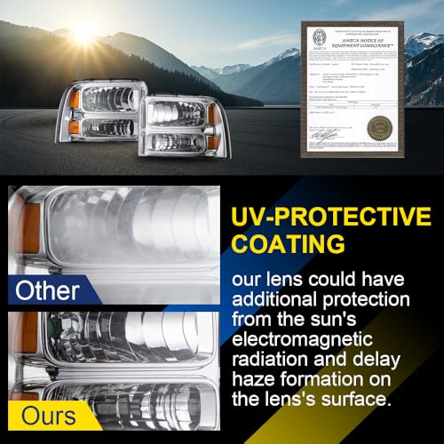 Image of GRAND ORANGE Headlights Assembly Compatible with 2005-2007 Ford F250 F350 F450 F550 Super Duty /Fit 2005 Ford Excursion Headlamp Clear lens Chrome Houing Amber Reflector