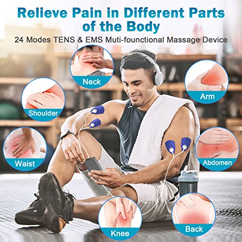 Stimease Tens Unit Muscle Stimulator, 24 Modes Dual Channel Tens Ems Muscle Stimulator For Back, Neck, Muscle Pain Relief, Electric Rechargeable Pulse Massager With 12 Electrode Pads #TOP4
