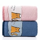 Demipungs Oversized Cat Pattern Bath Towel, Ultra Soft Ring Bar 100% Cotton, Quick Drying, Super Absorbent, 29.5 x 59.1 Inches, Pink & Blue.