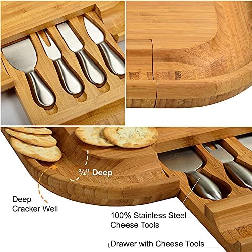 Natural Bamboo Cheese Board, Slide Out Storage Drawer, Ideal Gift for Christmas, Birthday or Party, 13x17x2inch
