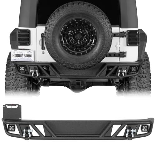 Hooke Road JK Tubular Rear Bumper for 2007-2018 Jeep Wrangler JK & Unlimited 2/4 Doors Offroad Heavy Duty Steel Back Bumper with LED Lights D-rings Hitch Receiver