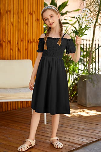Arshiner Girl's Cold Shoulder Sleeveless Summer Casual Sundress A-Line Dress Black For 12-13 Years #TOP1