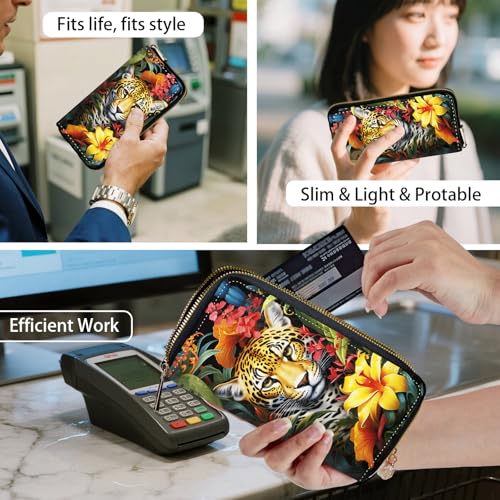 RFID Blocking Women's Wristlet Purse - Detachable Wrist Strap, Compact Foldable Design with 12 Card Slots & Zip Pocket Wallet for Travel,Gym,Everyday Security,Cool Leopard Flower4