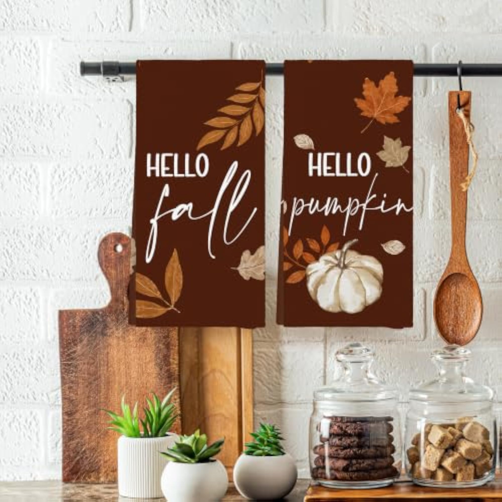 Hello Fall Rustic Leaf Pumpkin Kitchen Towels Set of 2