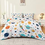 Funda Nórdica Cama Dibujos Animados de Planetas espaciales y Cohetes Juego de 3 Piezas 150 x 220 100% Microfibra Suave – Ropa Cama con Estampado Moderno Multicolor Blanco