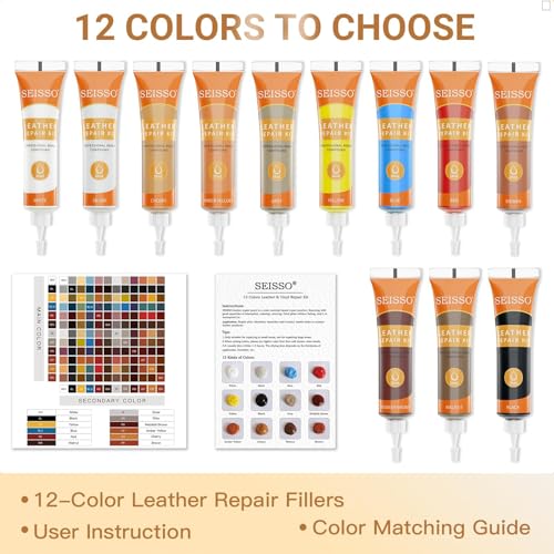 12 Colors Leather Repair Kit for Furniture, Vinyl Repair for Car Interior Seats Couch Sofa, Leather Filler Repair Scratches Fade Leather Paint for Bag Shoes, Restore PLeather, Bonded, Italian, Genuine by SEISSO - Image 4