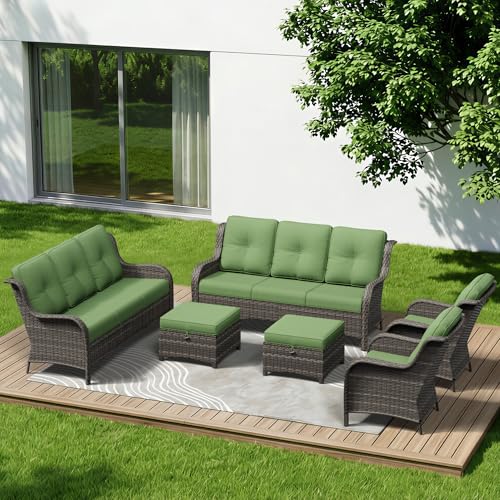 Image of 6 Piece Outdoor Wicker Patio Furniture Set, Patio Chairs Set with Thickened Olefin Cushions, High Back and Deep Seating, Hand-Woven PE Rattan, Ottoman for Porch, Deck