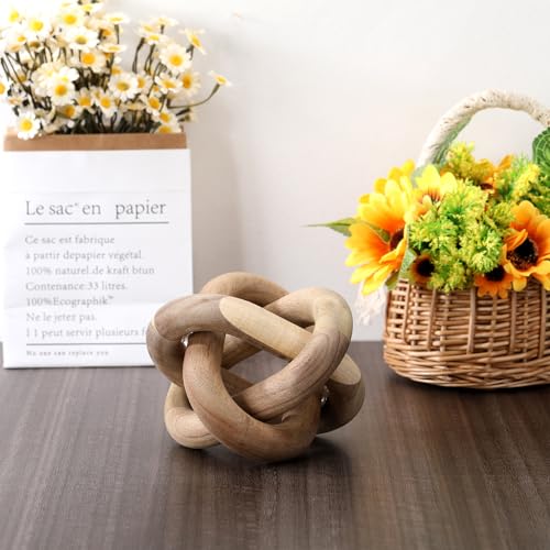 Image of Yalikop 3 Link Wood Knot Decor Rustic Home Decor Accents Hand Carved Coffee Table Decoration, Boho Chain Link Decoration, Modern Shelf, Rustic Objects for Home Living Room Bedroom(Acacia Wood)