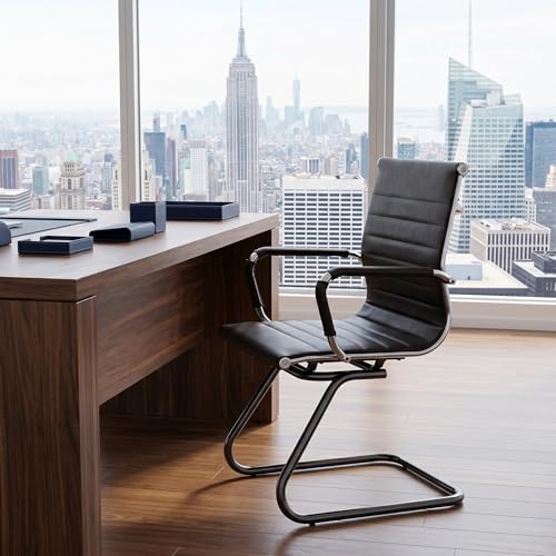 Image of HNY Leather Office Guest Chairs & Reception Chairs Set of 4, Modern Waiting Room Chairs with Arms, Desk Chair no Wheels with Sled Base for Waiting Room /Conference Room, Retro Black