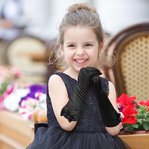 2 Pair Little Girls Long Princess Costume Glove, Creatiee White Dress Up Beading Bows Glove for Kids Party, Wedding, Birthday2