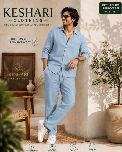 Image of Men's Premium Linen Co-Ord Set | Regular Fit Full Sleeve Solid Shirt with Drawstring Trouser | Breathable Linen Casual Outfit for Summer, Travel, Beach, Vacation & Daily
