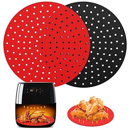 Housolution 2 Pezzi Carta Forno Tappetino Riutilizzabili in Silicone per Friggitrice ad Aria, 23 cm Tappetino per Cestello Friggitrice, Accessori Friggitrice ad Aria - Nero/Rosso