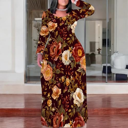Image of PinkPatty Plus Size Maxi Dresses for Women Long Sleeve Crew Neck Sundress Casual Fall Dress with Pockets