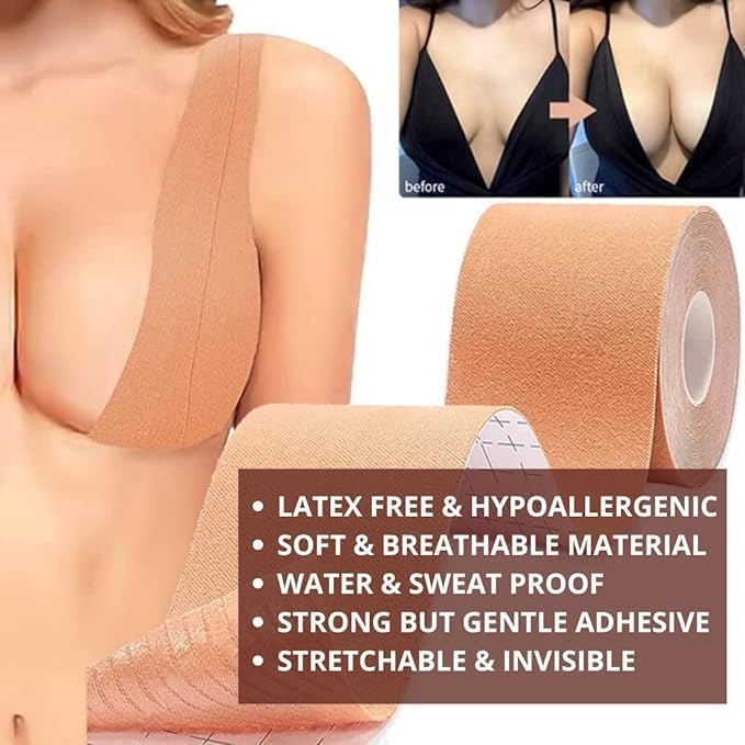 NIMIT SALES Boob Tape with Silicone Nipple Cover Multipurpose Body Tape for Women Push Up & Lifting Breast Tape Breast Lift Bra Tape for Nipple Cover Reusable Beige 2