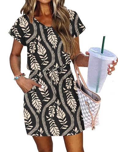 Image of AUSELILY Women's Summer Dress 2026 Short Sleeve Tshirt Drawstring Waist Beach Cover up Casual Mini Short Dresses with Pockets