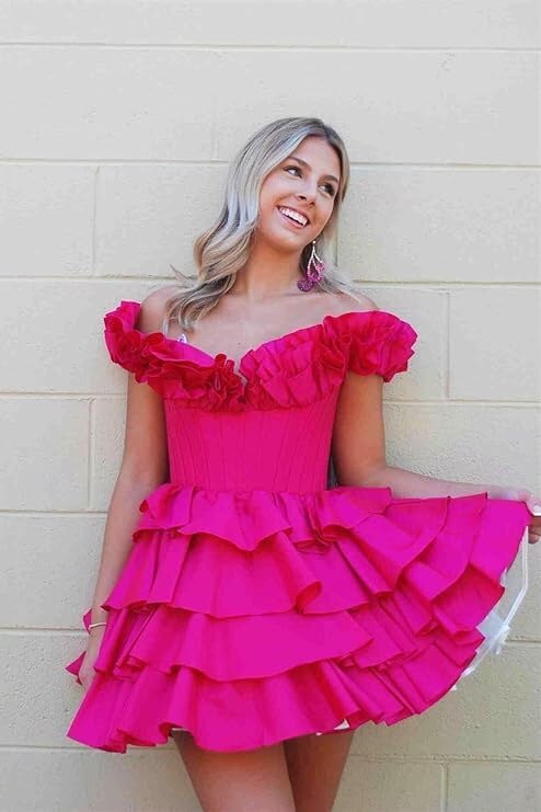 Off-Shoulder Ruffles Homecoming Dresses Tiered Short Mini HOCO Graduation Party Cocktail Gowns4