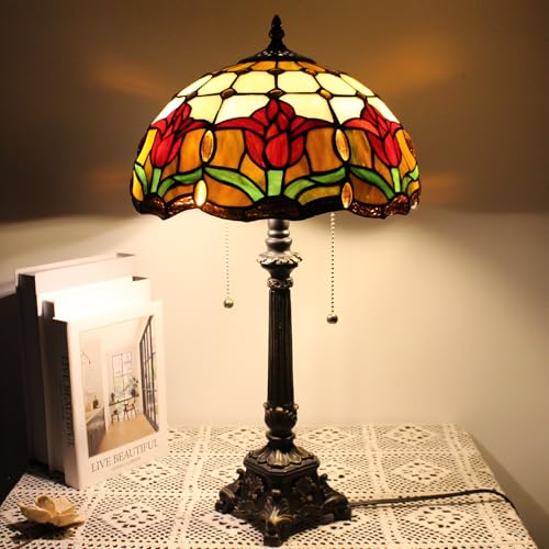 Image of 12Inch Tiffany Stained Glass LampShade Replacement Only (Red Tulip Flower) | Stained Glass Style Lampshade with Cap fit for Table lamp Pendant Light Ceiling Fixture
