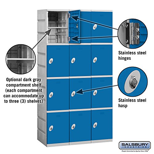 Salsbury Industries Assembled 4-Tier Plastic Locker with Three Wide Storage Units, 738.25-Inch High by 18-Inch Deep, Blue