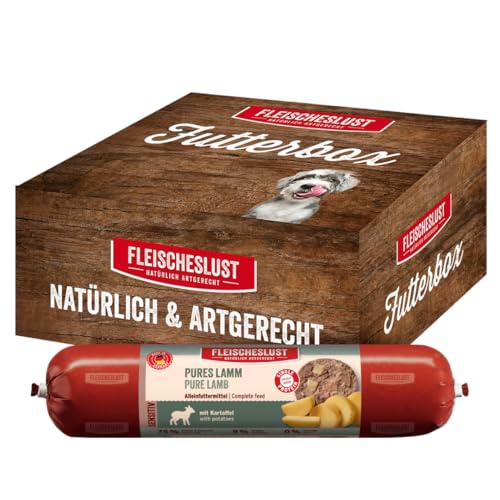Fleischeslust Hundewurst, Pures Lamm mit Kartoffel als Futterbox (8x400g), Sensitive Nassfutter-Wurst schnittfest & getreidefrei, Hundefutter für ausgewachsene Hunde